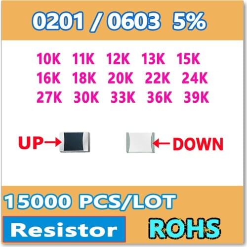 Original 0201 J 5% 15000pcs 10K 11K 12K 13K 15K 16K 18K 20K 22K 24K 27K 30K 33K 36K 39Ksmd 0603 resistor 103 113 123 133 OHM