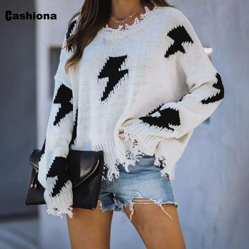 2020 Autumn Knitting Women Sweaters Loose Fashion New Lightning Print Tops Streetwear Long Sleeve Tassel Sweater Women Pullovers