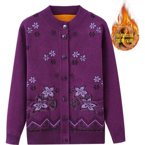 2021 Autumn Winter New Middle-aged Thickened Cardigan Flower Printing Design Button Knitted Sweater Jacket Fashionable Warm Coat