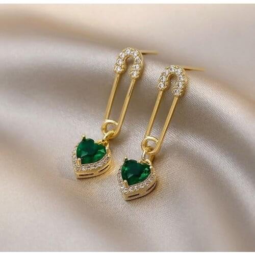 Simplicity Vintage Green Crystal Love Heart Earrings for Women Delicate Rhinestone Jewelry Female Korean Trendy Drop Earrings