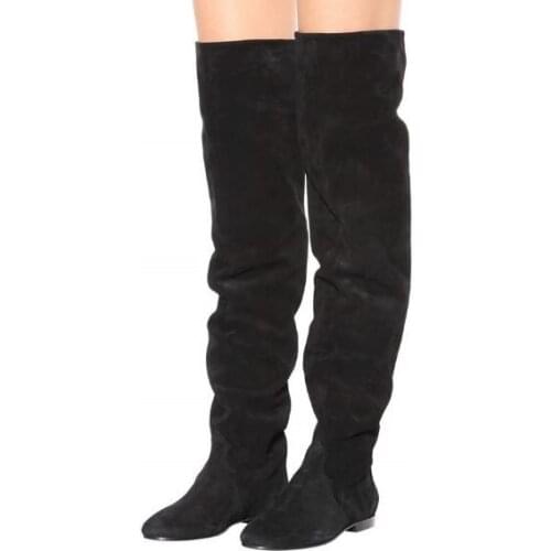 Drop Shipping New Autumn Brand Women Solid Black Round Toe Suede Slip On Flat Casual Over The Knee Thigh Long Boots Lady