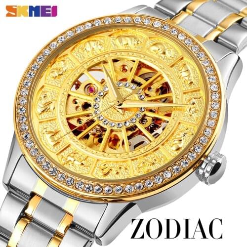 Diamond Luxury Automatic Watch Men Mechanical Wristwatches Retro Hollow Zodiac Luminous Pointer Golden Watch Relogio Masculino