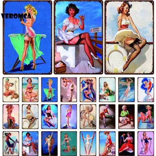 Pin Up Girl Tin Sign Retro Female Metal Poster Pates Plaque Belgium Lady Wall Stickers Barber Shop Bar Vintage Wall Decoration