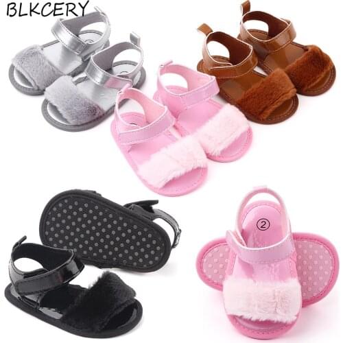 Newborn Baby Sandalet Fashion Faux Fur Toddler Summer Shoes PU Leather Sandles Infant Slippers Princess Girls Flats Shower Gifts