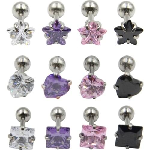 12pieces Star Heart Square CZ Crystal Assorted Ear Tragus Cartilage Colorful Cubic Zirconia Earring Helix Piercing Body Jewelry