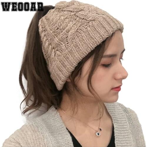 WEOOAR 2021 Twist Knitted Ponytail Beanie Bonnets for Women Autumn Winter Hat Warm Casual Soft Female Ladies Hip Hop Caps MZ191