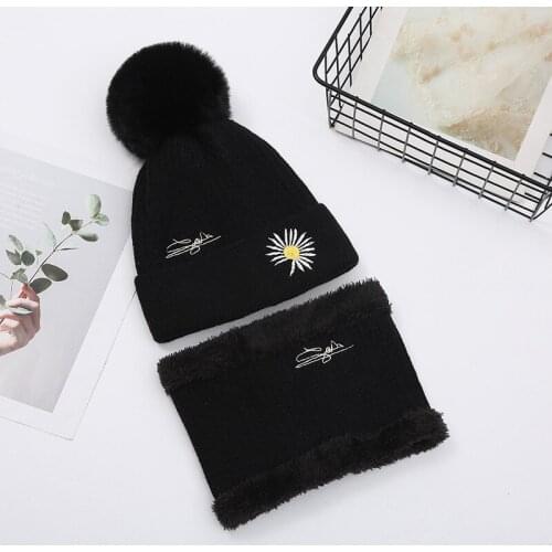 2020 New Fashion Winter Hats for women Knitted Wool Caps Chrysanthemum and letters Embroidery With Big Poms Thickened Beanies