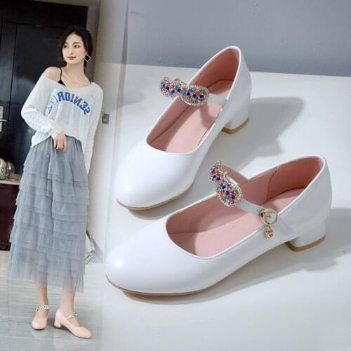 Sweet Party Wedding Women Shoes High Heel White Pink Buckle Mary Jane Chunky Heels Ladies Shoes Pumps
