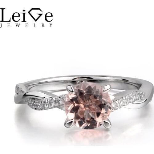 Leige Jewelry Natural Pink Morganite Gemstone Round Shape Wedding Rings For Woman 925 Sterling Silver