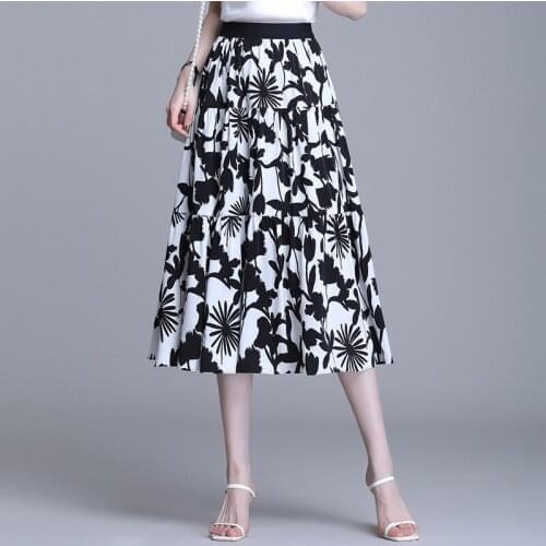 Fashion Floral High Waisted A-line Long Skirt for Women Summer Elegant Chic Loose Big Swing Casual Ladies Print Skirts 5873