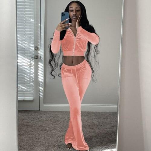Women Velvet Tracksuit Winter Two Piece Set Velour Wide Leg Pant Sets Solid Zipper Long Sleeve Tops High Waist Jogging Sweatsuit