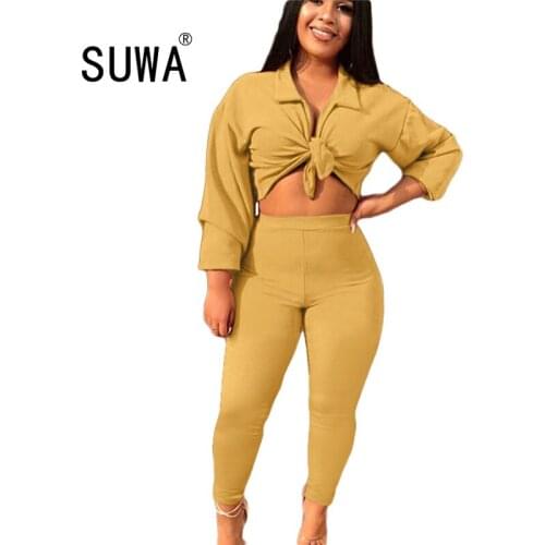 Best match spring autumn women two piece matching sets long sleeve crop top tunic + high waist pants trousers sexy club outfits