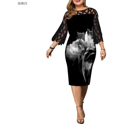 Woman Dress 2021 Spring Casual Plus Size Slim Mesh Patchwork Office Pencil Bodycon Dresses Elegant Sexy Floral Long Party Dress