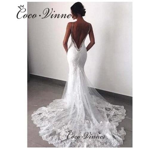 Delicate Embroidery Spaghetti Straps Sexy Mermaid Wedding Dresses V-neck Backless Pure White Bridal Gown Vestido De Novia W0527