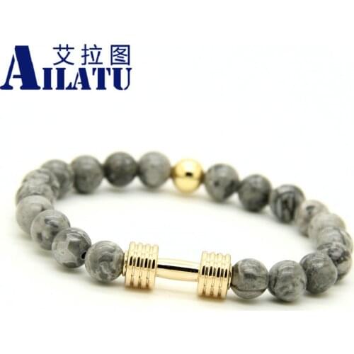 Ailatu Wholesale Metal Barbell & 8mm Grey Picture Stone Fitness Fashion Dumbell Bracelet