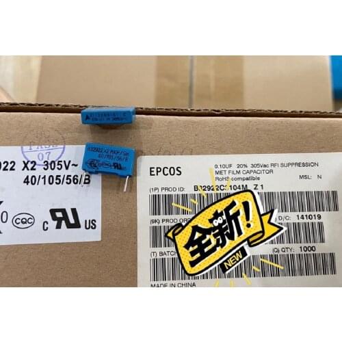 B32922C3104M EPCOS B32922 X2 MKP/SH B32922 Series 305V 0.1uF ±20% LS=15 mm X2 Suppression PP Film Capacitor best qualtiy