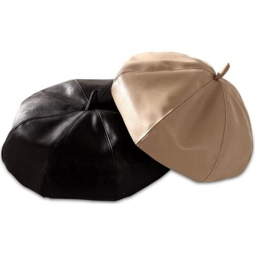 Womens Faux Leather Beret Hats New Girl Ladies Casual Octagonal hat Vintage French Artist Pumpkin Cap