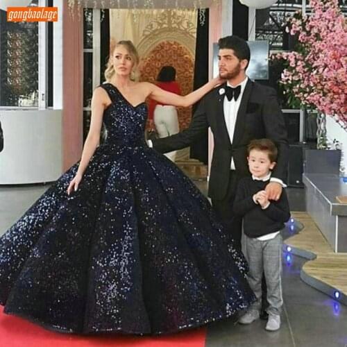 Sparkly Dark Navy Evening Dresses Long One Shoulder vestido de festa Bling Bling Sequin Ball Gown Women Formal Dress Custom Made
