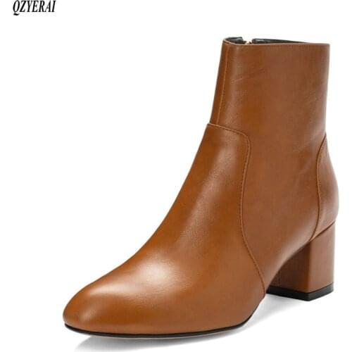 Genuine Leather Shoes Women Ankle Boots Autumn Thick High Heel Female Boots Zip Winter Handmade Leather Shoes Boot Black