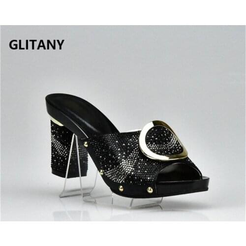 Black Color Women Slipper Elegant African Women Pumps Shoe for Party High Quality Italian Women Party Shoes Decorated with Stone