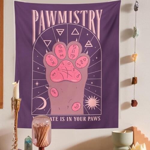 X7XD Cat Paw Tapestry Bohemian Witchcraft Moon Sun Pawmistry Wall Hanging Blanket