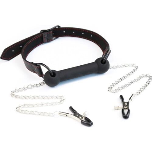 PU Leather Erotic Toy Mouth Gag Ball Oral Sex with Chain Clip Breast Nipple Clamps Fetish Bondage Harness Erotic Sex Adult Toy