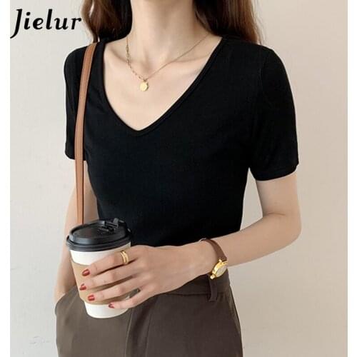 Jielur Summer V-Neck Comfortable Womens T-shirt Screw Thread Skinny Solid Lady Soft Tees 2021 Black T-Shirts Female Tops S-XL