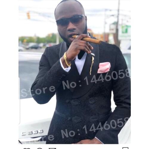 Costume Homme Men Suits For Wedding 2018 Fashion Design Slim Fit Black Floral Tuxedo Double Breasted Men Wedding Groom Suit