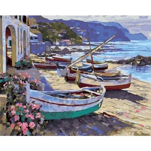 Beautiful Scenery Shore Boat DIY Digital Painting By Number Modern Wall Art Canvas Acrylic Painting Unique Gift Home Decor 40x50