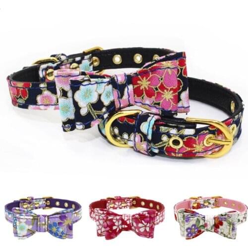 Fashion Flower Print Pets Dog Collar PU Leather Bowknot Puppy Cat Bow Tie Small Dog Collars Bandana Outdoor Pet Walking Leashes