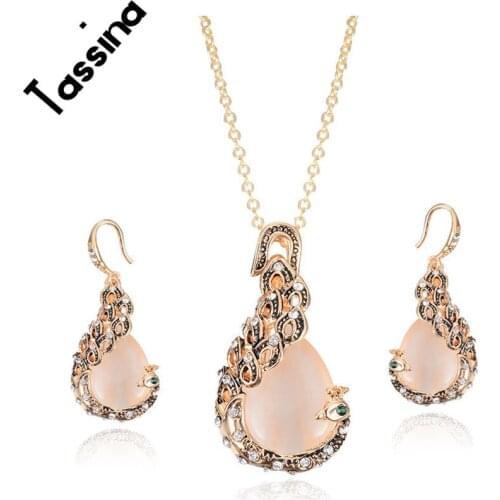 Tassina Fashion Jewelry Sets For Women Gold Color Nigerian Wedding Peacock Crystal Necklace Pendant Earrings Set TNXS61152010