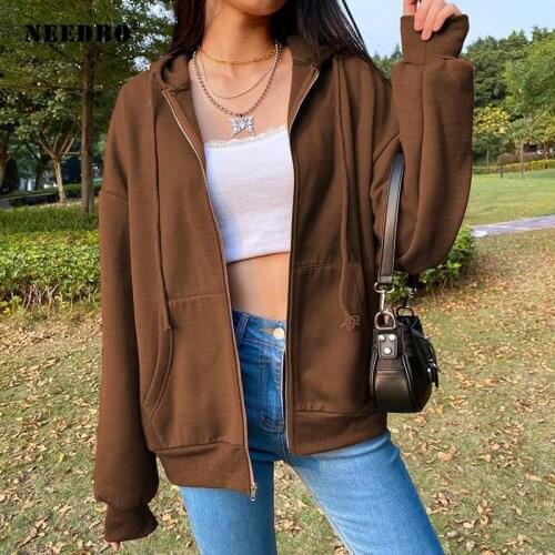 NEEDBO Zip Hooded Sweatshirt Winter Jacket Top Oversized Hoodie Retro Pocket Woman Clothes Long Sleeve Pullover Outwear Female
