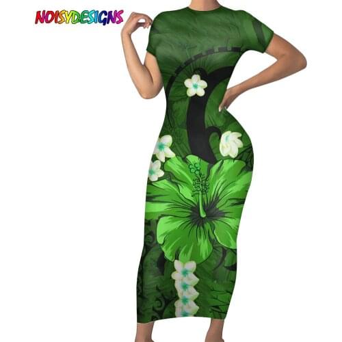 NOISYDESIGNS Plus Size Women Clothing Dresses Samoan Plumeria Design Pencil Dress Women Short Sleeve Long Dress Sukienki Damskie
