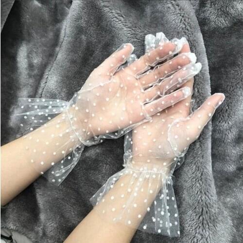 New 1 Pair Lace Gloves Autumn Summer Women Short Tulle Gloves Stretchy Lotus Leaf Sheers Flexible Mesh Gloves Full Finger