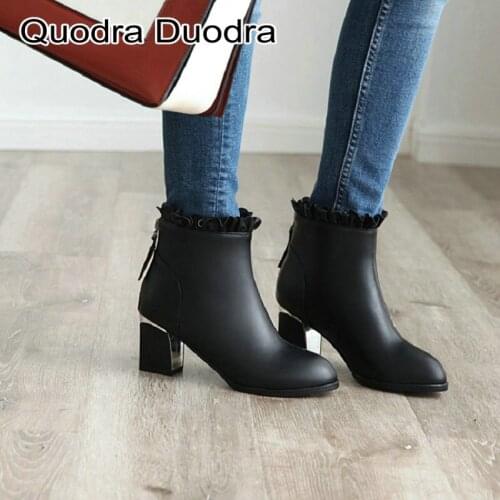 New Winter Ruffles boots Ankle Women Boots Pointed toe shoe Square High Heels shoes Female Shoes Zipper boots Office Big Size