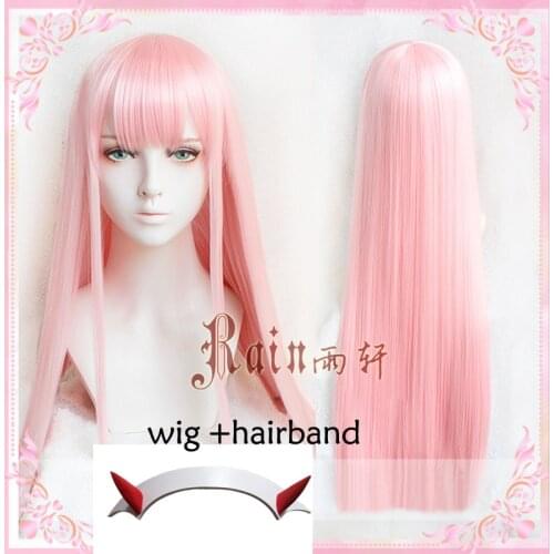 Top Quality DARLING in the FRANXX 02 Zero Two 100cm Long Pink Synthetic Hair Cosplay Anime Wig + Horn hairband + Wig Cap