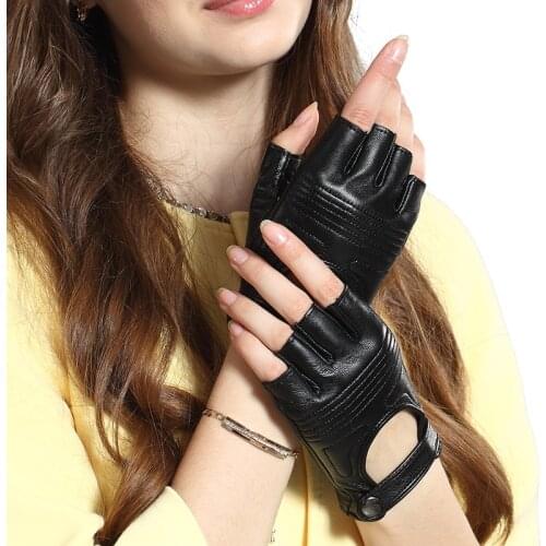 Woman Real Leather Gloves Photography Motorcycle Driving Street Dance Half Finger Sheepskin Gloves Female Semi-Finger TE1539