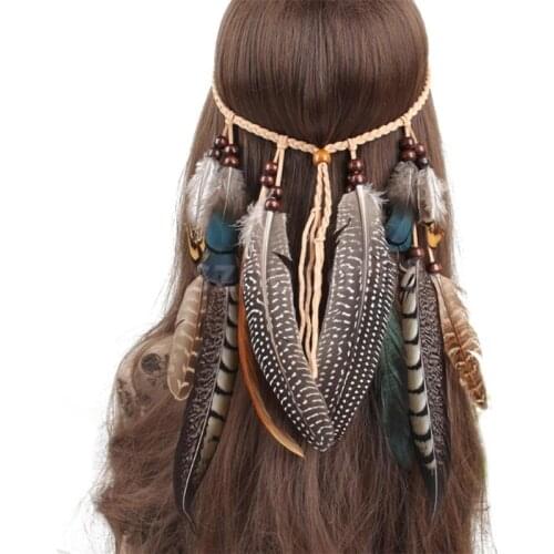 Indians Feather Shape Headband Boho Weave Feathers Hair Rope Headdress National Style Dance Performance Props