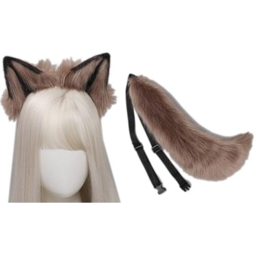 Cosplay Furry Animal Wolf Ears Hair Hoop Animal Tail Set Lolita Long Fur Headpiece for Halloween Party Decoration