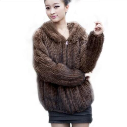 Clothes hooded mink knitted mink fur coat fight mink outerwear fur womens Warm Winter Fur outerwear