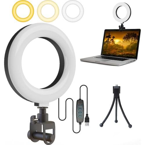 LED Desktop Makeup Video Light Kit for USB Plug Table Facetime Call and Live Streaming Ring Light with Clamp Mount Phone Tripod