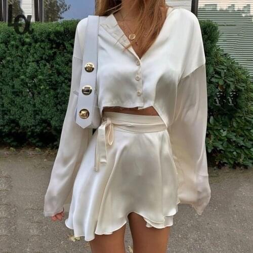 Luck A White Elegant Satin Crop Top Skirt 2 Two-Piece Set Lantern Long Sleeves Cardigan Sexy High Waist Mini Skirts 2021 Suit