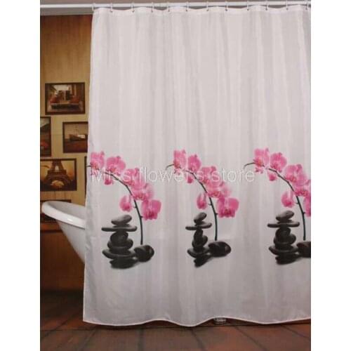 Flower & Black Stone Design Shower Curtain Bathroom Waterproof Mildewproof Polyester Fabric With 12 Hooks 180cm*180cm
