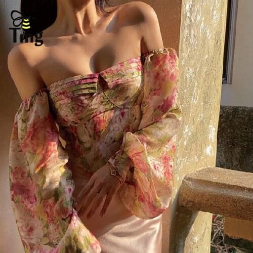 Tingfly Women Clothes Fashion Rosy Floral Cropped Short Blouses Sexy Slash Collar Long Lantern Sleeve Chic Blusas Female Tops Za