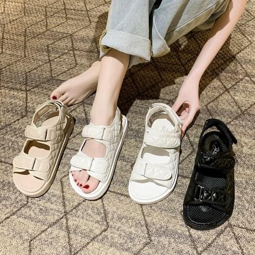 Koovan Womens Sandals 2021 New Female Ins Summer New Network Plaid Flats Rome Sandal Hook &loop Shoes