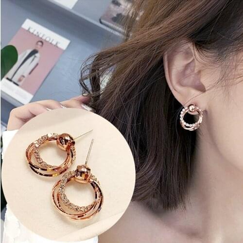 2021 Hot Fashion Crystal Earrings Rose Gold Color Geometric Round Circle Stud Earrings Girl Gift for Women Girl Party Jewelry