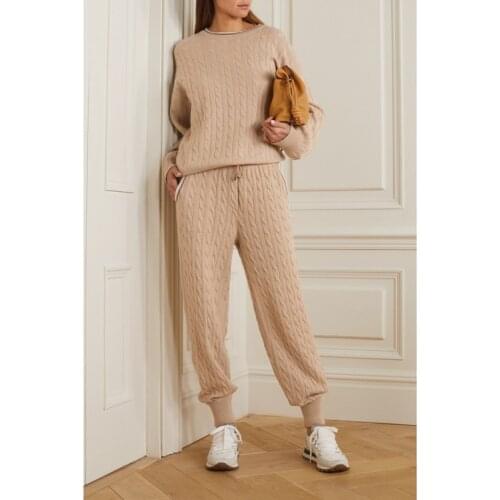High End Quality 11.25 Fashion Contrast Color Patchwork Beading Twist Sweater + Harem Pants Sweatpants Cashmere Set Women