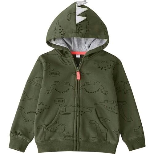 2021 0-3Y Spring Fall Toddler Baby Boys Coats Green Cartoon Dinosaur Print Long Sleeve Zipper Hooded Top Autumn Jacket Cardigan
