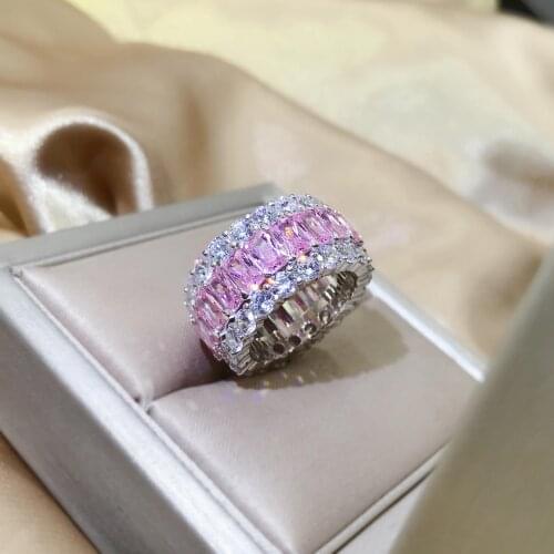 925 Sterling Silver Pave Setting Pink Zircon Crystal Wedding Rings for Women Luxury 925 Silver Gemstone Ring Christmas Day Gift