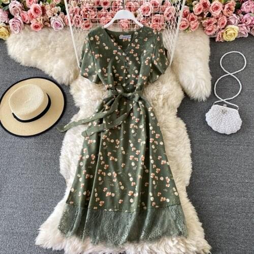 2021 Elegant V Neck Floral Print Chiffon Dress Summer Short sleeve Bandage Slim Lace Stitching Women Mid-calf Dress